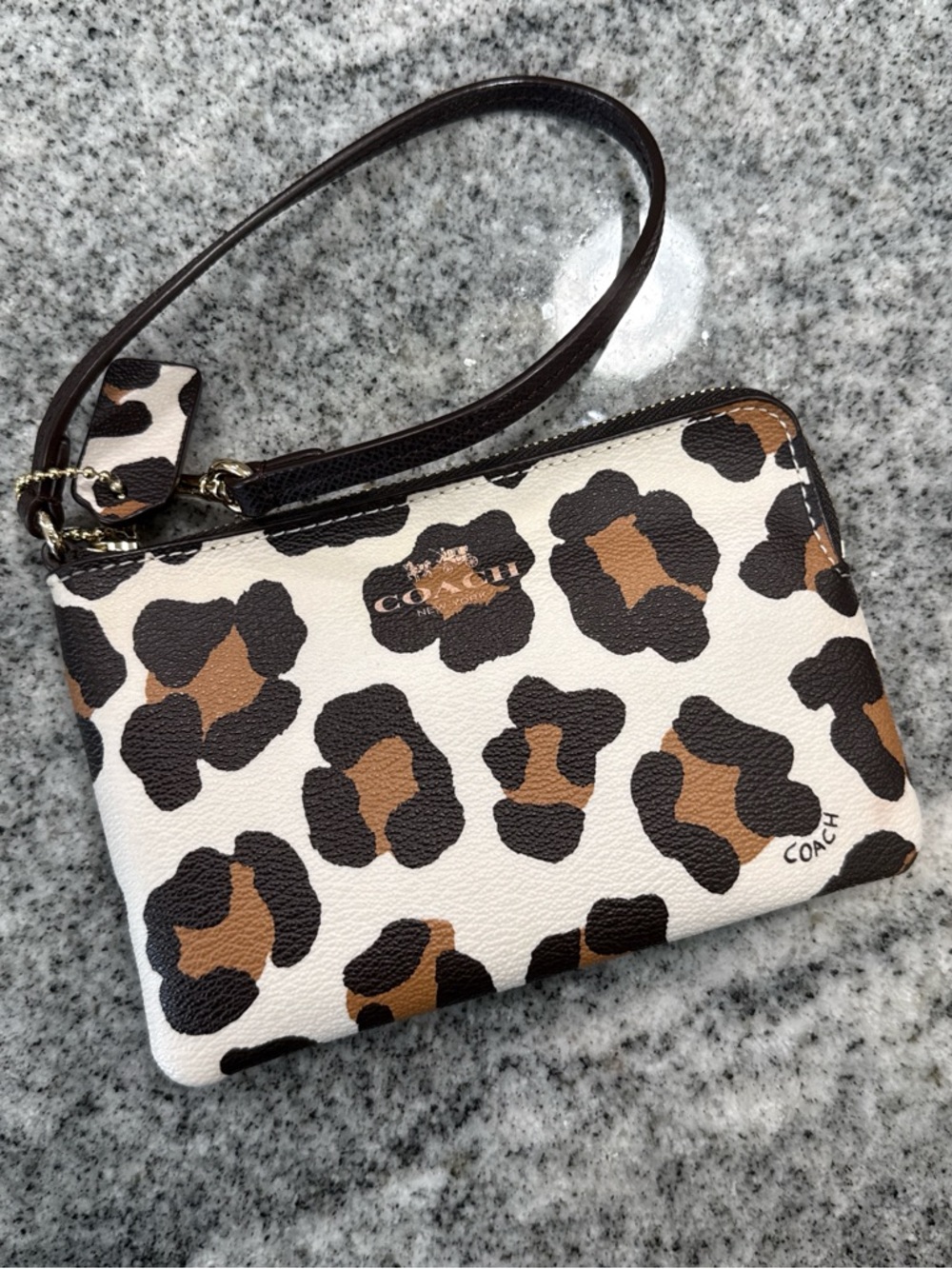 Coach Leopard Print Wristlet in White, Brown & Black
